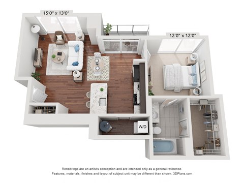 Floor plan for 1 bed, 1 bath, 761 sqft